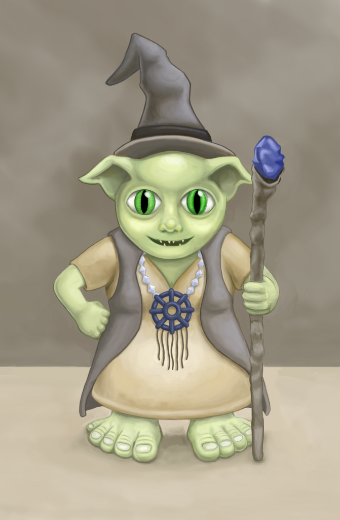 A goblin with bat-like ears, pointed teeth, and green skin. She's wearing the following: a simple brown dress; a sagging but pointed witches hat; and a necklace made from a string of gemstones with an 8-spoked wheel at the bottom. She's carrying a staff with a blue gem fitted into a socket at the top.