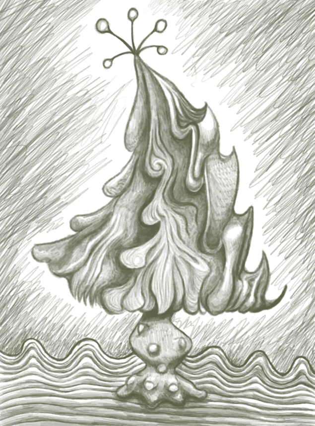 A blobby object in the approximate shape of a Christmas tree but with an alien texture. It's bumpy in some parts, spiky in others, and almost furry in some places. 